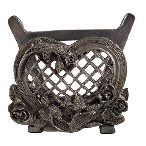 Victorian Pewter Business Card Holder Metal Heart Roses Flower Floral Desk